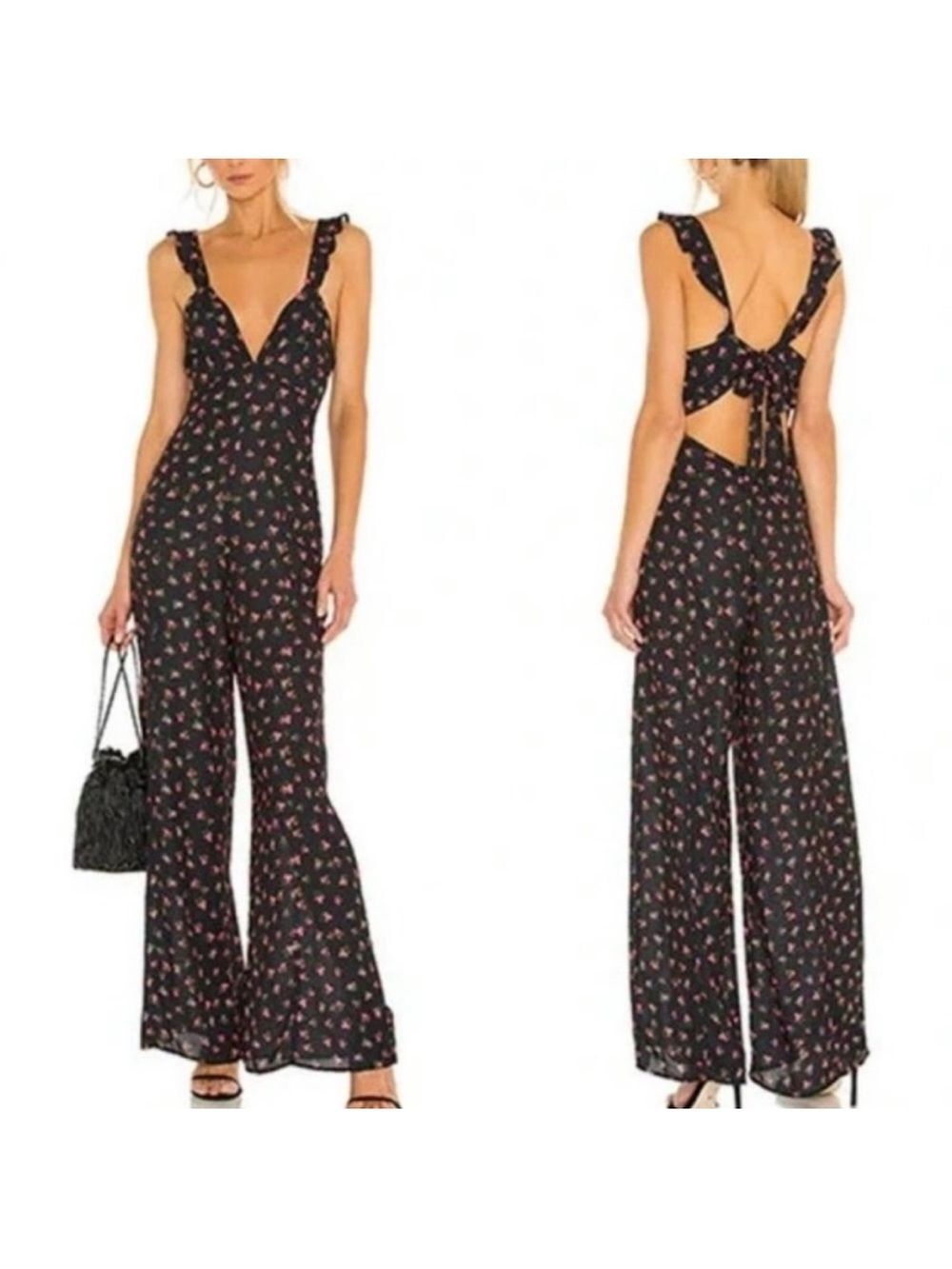 NWT RESA Black Floral Ruffle-Strap Wide-Leg Jumpsuit, XS
